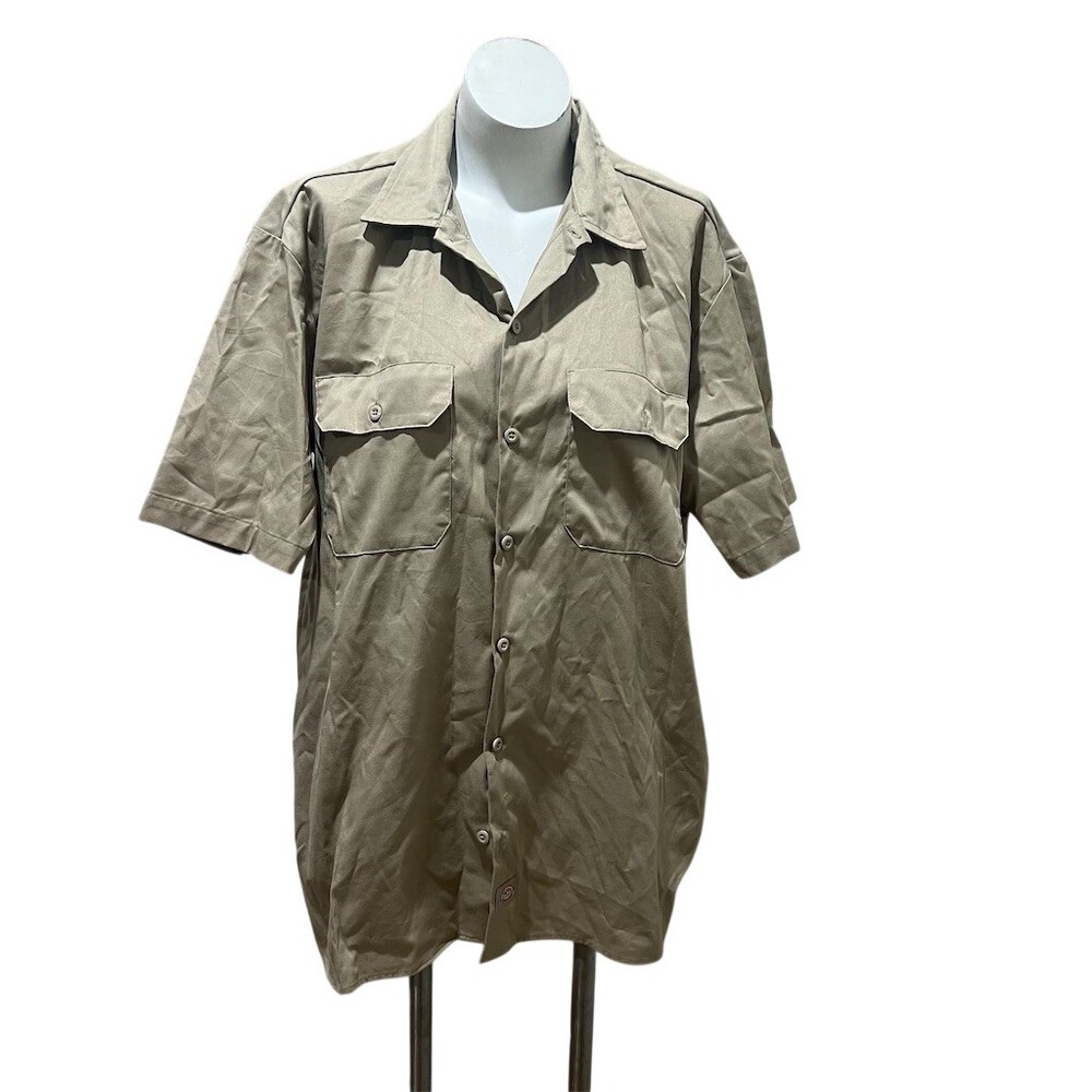 Dickies FLEX Work Shirt Men's L Khaki Tan Short Sleeve Button-Up Pockets